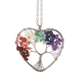 Pendentif Colliers Chakra Arbre de Vie Coeur Cuivre Pierre Concassée Perles Collier Quartz Pierres Reiki Pendule Pendentifs Femmes CadeauPendentif