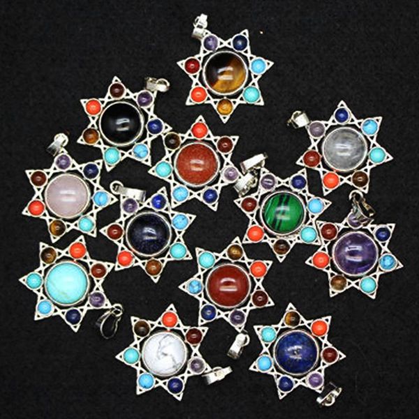 Pendentif Colliers Chakras Pierre Naturelle Pendentifs Femmes Reiki Healing Star Fleur De Vie Turquoises Lapis Violet Cristal Pendulo Bijoux Am