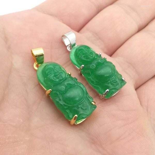 Collares colgantes Charm 25X12MM Jade verde Corte hueco Tallado Buda Amuleto budista 1 PCS