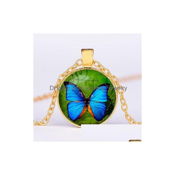 Pendentif Colliers Charme Papillon Bleu Noir Chaîne Collier Romantique En Verre Pos Sier Plaqué Lady Girls Party Pull Ras Du Cou Drop Delive Dhxx6