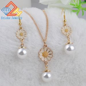 Hanger kettingen Charm Gold Rose gesimuleerde parel ketting set lange ketens sieraden bruiloft accessoires