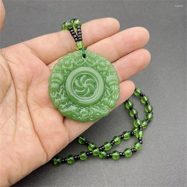 Pendentif Colliers Charme Vert Jade Sculpté À La Main Ronde Fortune Veines Pierre Jaune Noir Cristal Collier Chinois Amulette Chanceux Bijoux Cadeau