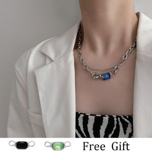 Hangende kettingen charm mini vierkant groen blauw edelsteen ketting ketting vrouwen mannen hiphop dubbellaags roestvrijstalen feestjuwelen