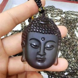 Hanger kettingen charme natuurlijke echte obsidiaan gesneden Chinese Boeddha kop gelukkige amulet ketting voor vrouw man luxe sieraden