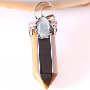 Pendentif Colliers Charm Collier Gem Pierre Naturelle Oeil de Tigre Labradorite Perle Hexagone Antique Couronne Demi-Lune Jewery Cadeau 1pcs K798