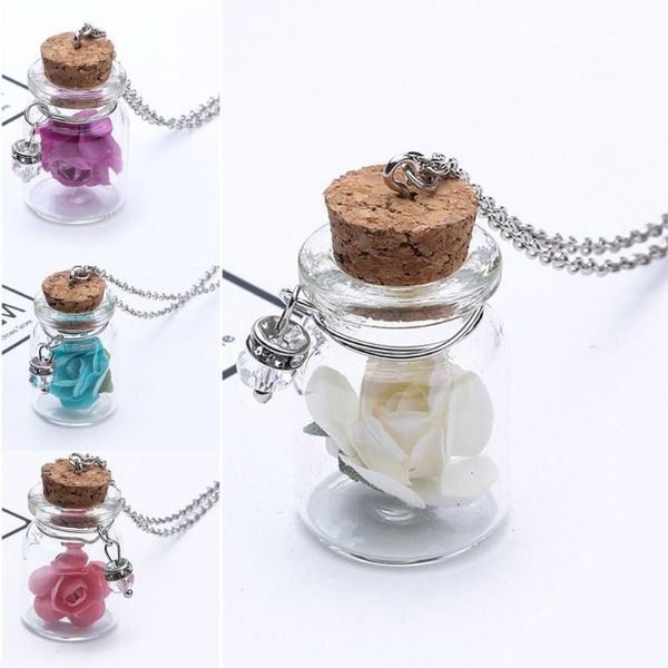 Pendentif Colliers Charme Rose Fleur Femmes Bijoux De Mode Dérive Bouteille Collier Imitation Longue Chaîne De Chandail Lumineux