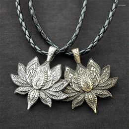Pendentif Colliers Charm Vintage Mandala Lotus Fleur Collier pour Femmes Hommes Métal Cuir Chaîne Amulette Bijoux Religieux Cadeaux