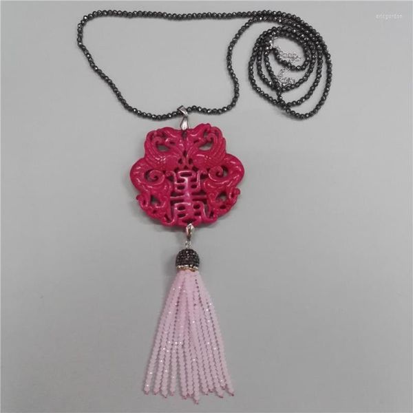 Collares colgantes Encantos Clásico Tradicional Chino Antiguo Patrón Vintage Rosa Rosa Piedra Angular Con Cuentas Borla Hematita Collar De Cadena