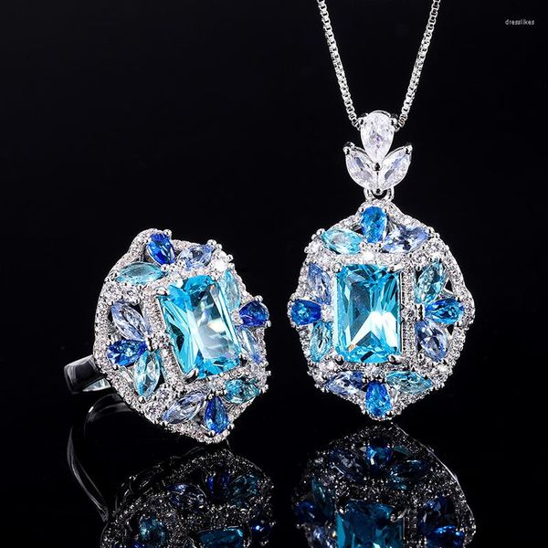 Collares pendientes Encantos Gota de agua Paraiba Azul Diamante de alto carbono Anillo ajustable Collar Banquete de boda Conjunto de joyería fina Regalo femenino