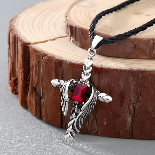 Collares pendientes CHENGXUN Ángel Collar para hombre Cruz Magic Power Red Cubic Zircon Crystal Black Chain Collier Norse Viking Charm Jewelry