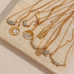 Chic Micro pavé petit Zircon cristal coquille pièce Tarot fleur forme pendentif collier 18K plaqué or en acier inoxydable bijoux 230215