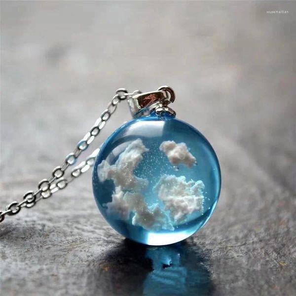 Pendentif Colliers Chic Transparent Résine Boule Ronde Collier De Verre De Mer Femmes Bleu Ciel Blanc Nuage Chaîne Bijoux Cadeaux Pour Fille