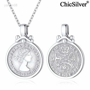 Hanger Kettingen ChicSilver Munt Ketting 925 Sterling Zilver Elizabeth Britse Lucky Sixpence Coin Ronde Medaillon Hanger Sieraden voor Vrouwen HKD230712