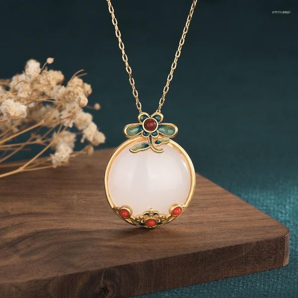 Pendentif Colliers Chine Style Bijoux Cheongsam Collier Cuivre Plaqué Or Hetian Jade Grande Fleur Blanche Clavicule Chaîne 24 30 MM