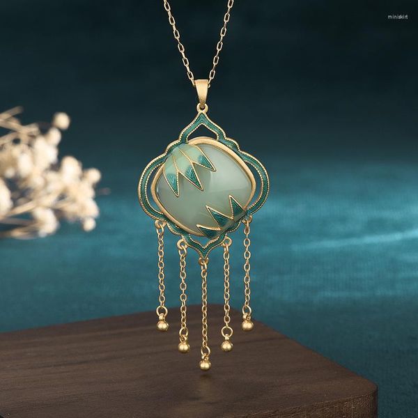 Pendentif Colliers Chine Style Peint Feuille De Bambou Plaque Jade Collier 24k Cuivre Plaqué Or Clavicule Chaîne Pour Femmes Bijoux