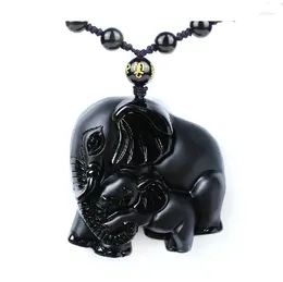 Pendentif Colliers Chinois Handwork Naturel Noir Obsidienne Sculpté Mère Bébé Mignon Éléphant Amulette Collier Chanceux Bijoux De Mode