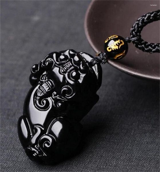 Hanger Kettingen Chinees Handwerk Natuurlijk Zwart Obsidiaan Gesneden PiXiu Dapper Geluk Zegening Amulet Ketting Vintage Modieus Geschenk Sieraden