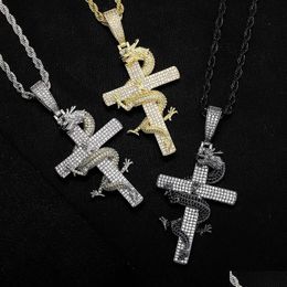 Pendentif Colliers Style Chinois Dragon Croix Collier Chinachic Cubique Zircone Cz Pierre Hip Hop Bijoux Diamant Mode Masculine 14K Rea Dhs9G