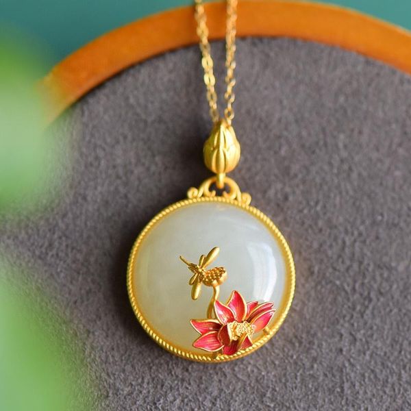 Pendentif Colliers Style chinois émail couleur fleur de Lotus élégant charme féminin un pendentif en pierre de Jade blanc collier Vintage minorités Jewe