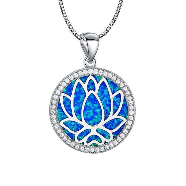 Pendentif Colliers Style Chinois Rond Bleu / Blanc Lotus Opale De Feu Collier Dames Mode BijouxPendentif