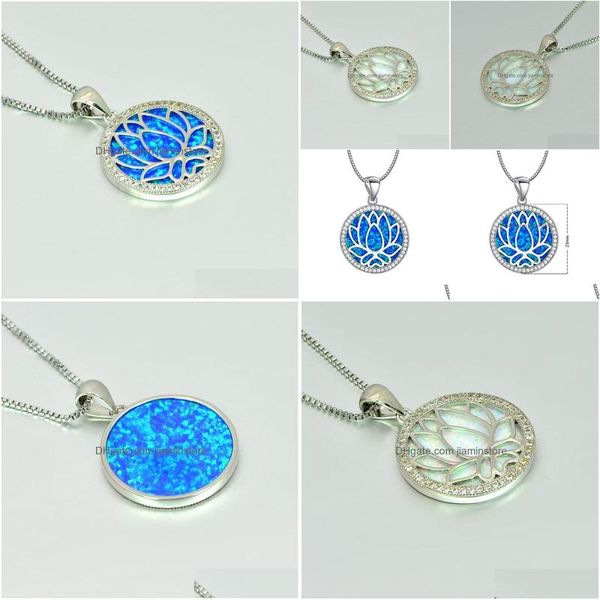 Colliers pendentifs Style chinois rond bleu / blanc Lotus feu opale collier dames mode bijoux pendentif livraison directe bijoux Pendan Dhhdn