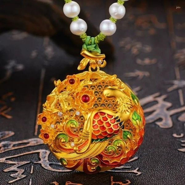 Collares colgantes estilo chino vintage cobre chapado en oro hueco tallado filigrana esmalte collar de fénix para mujeres joyería sin cadena