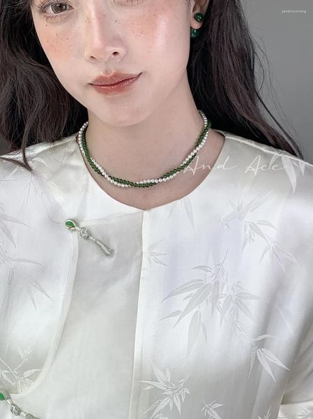 Colliers pendentifs Style chinois avec plusieurs méthodes de port naturel vert jade calcédoine coquille perle S925 argent sterling long collier