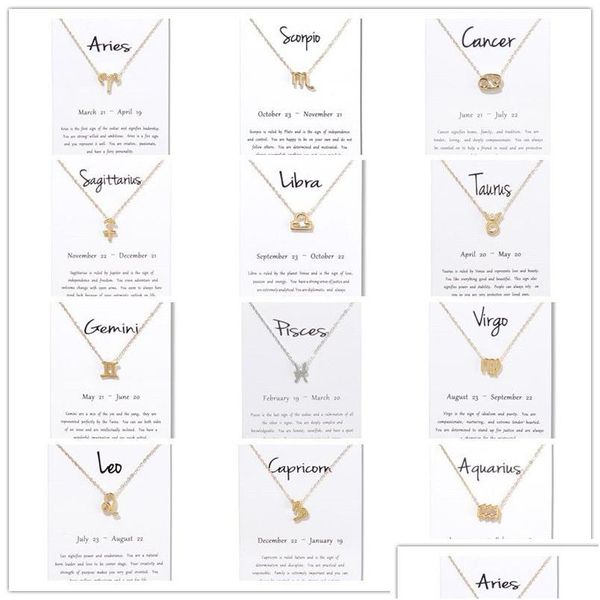 Collares pendientes Signos del zodiaco chino Collares pendientes con tarjeta de regalo Hombres Mujeres Twee Constelación Oro Sier Cadena Collar de joyería Dh0Zd