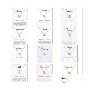 Collares colgantes Signos del zodiaco chino con tarjeta de regalo Hombres Mujeres Twee Constelación Oro Sier Cadena Joyería Collar Accesorios Bk Dro DHCFJ