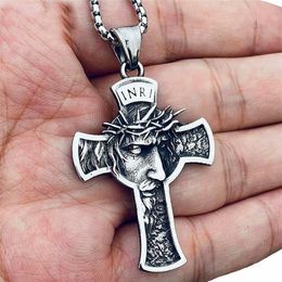 Pendentif Colliers Christ Jésus Crucifix Collier en acier inoxydable Christian Thorns Couronne pour hommes femmes bijoux religieux317R