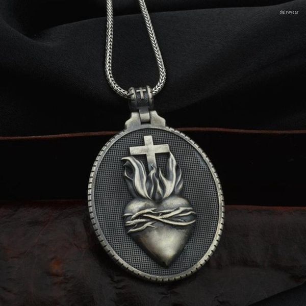 Pendentif Colliers Christian Jésus Sacré-Cœur Médaille Croix Ronde Collier Hommes Chaîne Religieuse Catholique