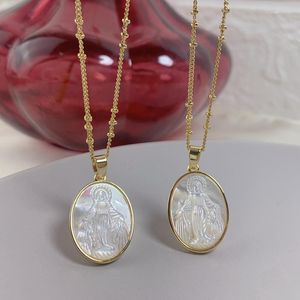 Pendentif Colliers Médaille Ovale Chrétienne Vierge Marie Collier Pour Femmes Naturel Nacre De Perle Shell Bijoux