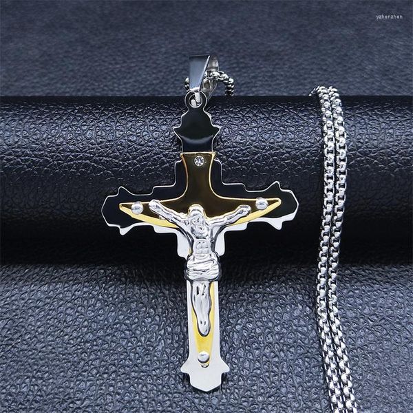 Collares colgantes de cristianismo acero inoxidable Jesús Cruz de oro Color de plata gran capa