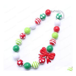 Collares colgantes Navidad Bebé Niño Collar Chunky Pretty Red Bow Girl Kids Bubblegum Bead Niños Joyería Drop Entrega Collar Dhrxs