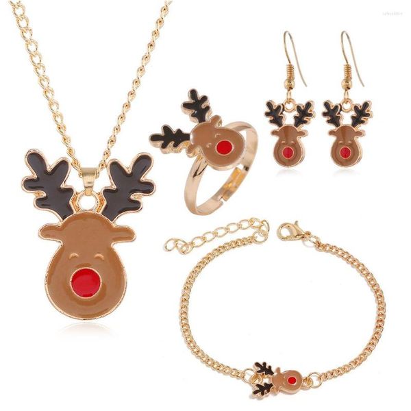 Collares pendientes Adornos navideños Conjunto de joyas Moda Aceite Dripping Elk Collar Pendiente Anillo Pulsera Lovely Deer Animal