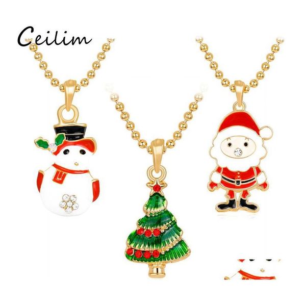 Collares pendientes Collar de árbol de Navidad Esmalte de diamantes de imitación para mujeres Niños Muñeco de nieve blanco Encantos de Papá Noel Entrega de gota de oro Joya Otkea