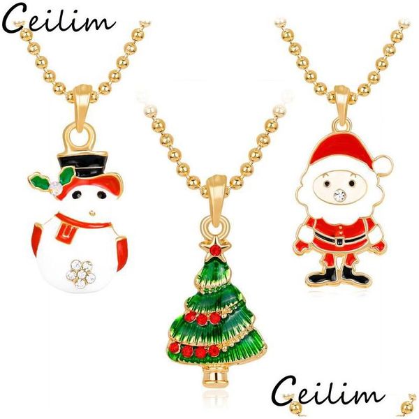 Collares pendientes Collar de árbol de Navidad Esmalte de diamantes de imitación para mujeres Niños Muñeco de nieve blanco Encantos de Papá Noel Entrega de gota de oro Joya Dhtep