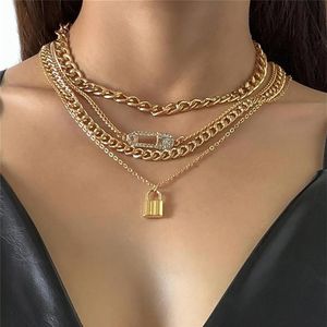 Collares colgantes Cadena gruesa Gargantilla Collar Streetwaer Lock Full Bling Rhinestone Clip de papel para mujeres Accesorios para niñas 236z