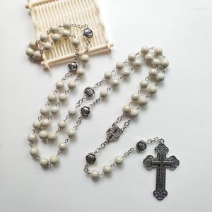 Pendentif Colliers Église Chapelet Beige Prière Perles Chaîne Catholique Rosaire Collier Vintage Croix Y-Collier Fournitures Religieuses Bijoux