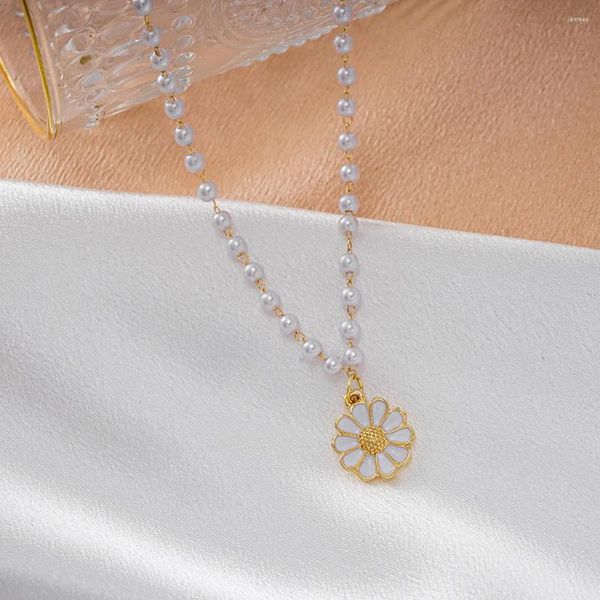 Pendentif Colliers Classique Baroque Perle Daisy Fleur Collier Conception Simple O-Chaîne Plaqué Or Femmes Élégant Bijoux De Mariage Pour