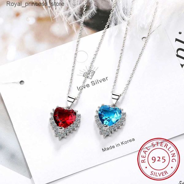 Colliers pendentifs Collier pendentif en forme de cœur bleu et rouge adapté aux femmes 925 Collier de chaîne de zircone en argent sterling S-N438 Q240426