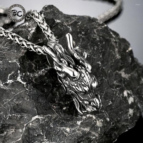 Pendentif Colliers Classique Mythologie Chinoise Tête De Dragon Hommes En Acier Inoxydable Accessoires Ethniques Charme Chanceux Amulette Bijoux Cadeaux