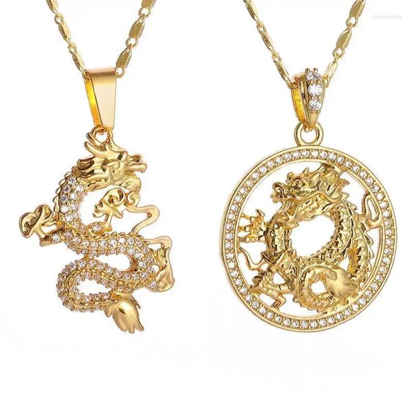 Pendentif Colliers Classique Style Chinois Zircon Golden Dragon Mascotte Collier Chanceux Pour Hommes Vintage Cuivre Femmes Amulette Bijoux