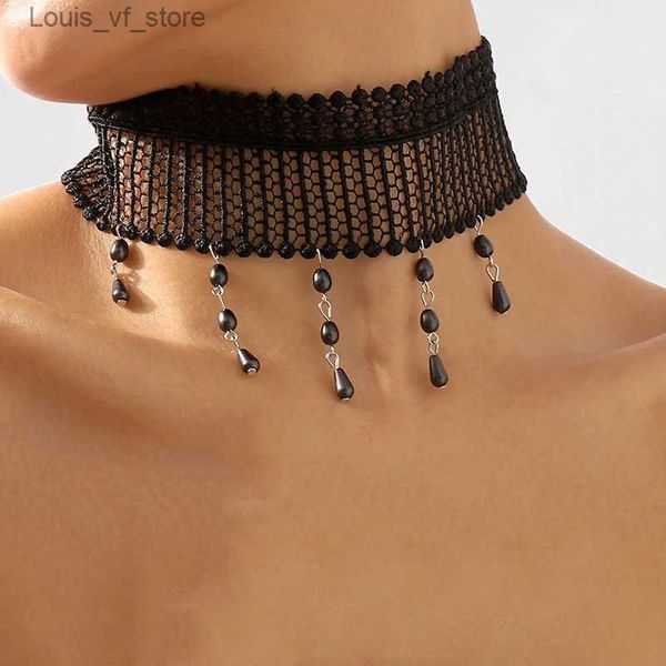 Pendentif Colliers Classique gothique tatouage dentelle tour de cou pour femmes glands noir blanc perle pendentif tour de cou breloque colliers Boho bijoux cadeau X0167H24112
