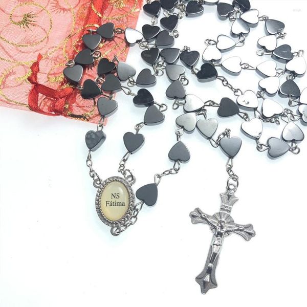 Pendentif Colliers Classique Hématite Fatima Rosaire Collier Fille Amour Coeur Jésus Croix