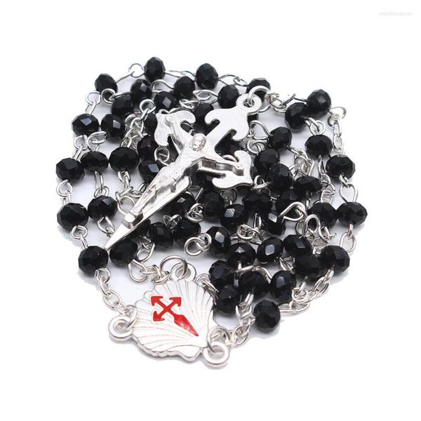 Pendentif Colliers Classique Jésus Croix Rosaire Collier Christian Religieux Bijoux Accessoires 4 6mm Perles De Prière En Verre De Cristal Noir