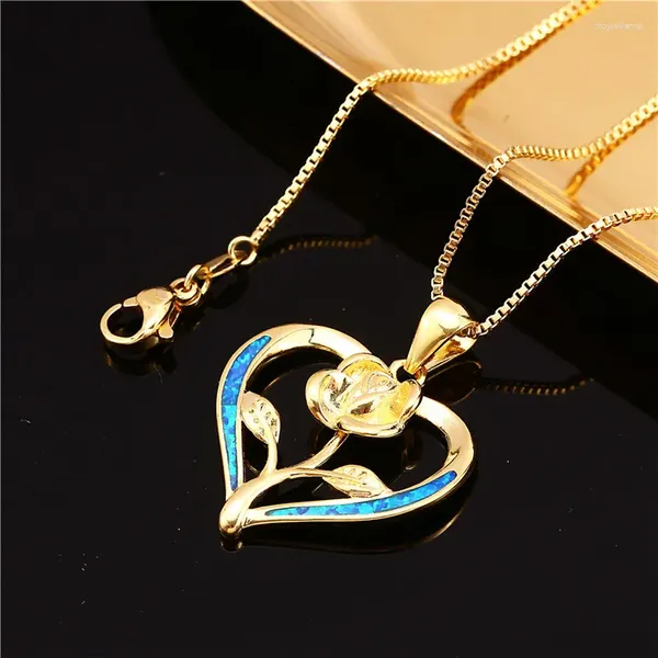 Collares colgantes Classic Rose Flower Necklace Blanco Azul Opal Love Heart Trendy Gold Silver Color Cadena para mujeres Regalo