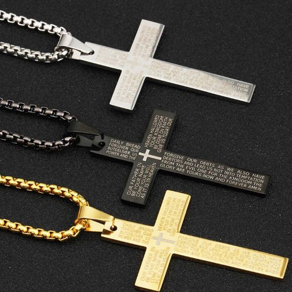 Collares colgantes Clásico de acero inoxidable Biblia Cruz Collar Hombres Hip Hop Joyería Moda Oro Plata Color Pistola Negro Cadena larga