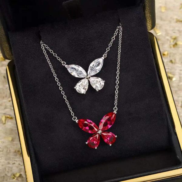 Pendentif Colliers Classique Blanc Cubique Zircon Papillon Collier S925 Sterling Argent Cristal Insectes Femmes Ruby Bijoux Clavicule Ras Du Cou