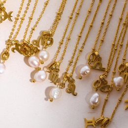 Pendentif Colliers Classiques 12 Constellations Symboles Collier En Acier Inoxydable Simulé Perle Ras Du Cou Pour Les Femmes Minimaliste Vintage Bijoux